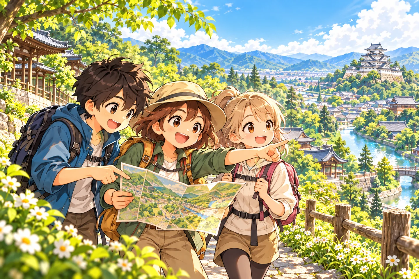 地図を広げ、次の行き先を相談しながら笑う3人の冒険者のイメージイラスト