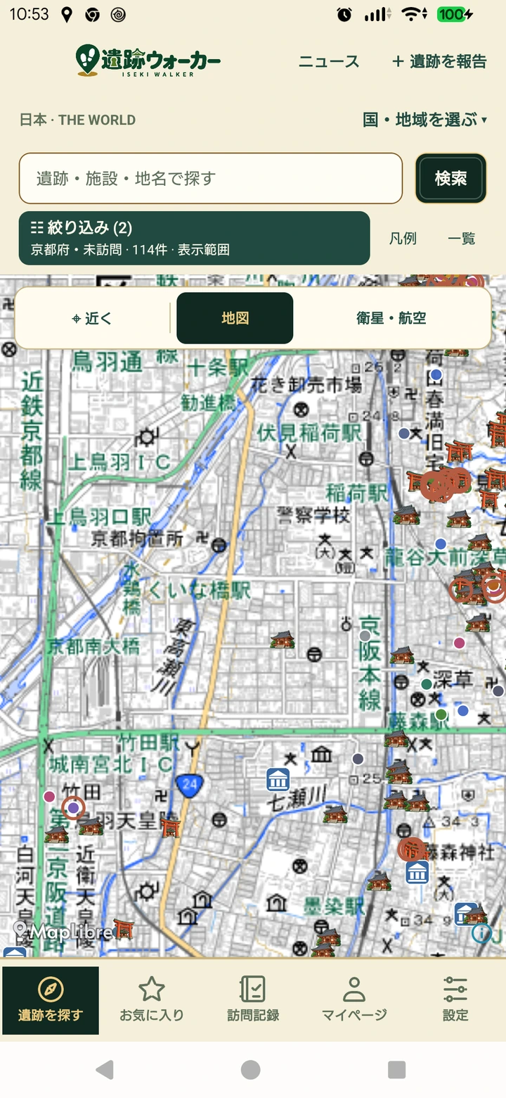 Android開発版の遺跡地図。京都府の未訪問地点を表示した実機スクリーンショット