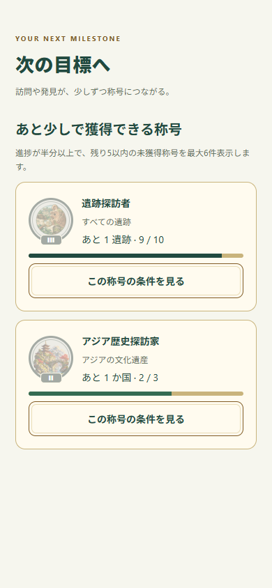 獲得間近の称号と残り件数を表示するアプリ部品のサンプル